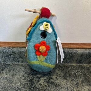 Wild Woolies Handmade Felted Wool Birdhouse Blue with Flowers Bee Fair Trade